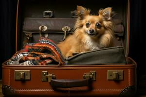 Attentive Dog sit at open suitcase. Vacation travel photo