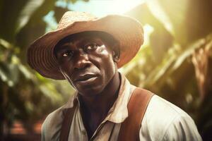 African farmer on cocoa plantation harvesting. Generate ai photo