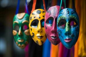 Colorful painted masks hanging. Generate ai photo