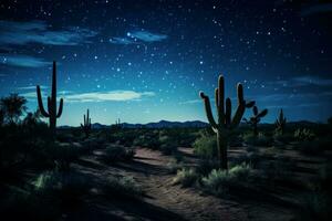 Mysterious Desert cactus night. Generate Ai photo
