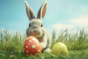 Rabbit holding easter colorful egg. Generate Ai photo