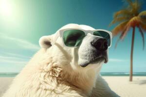 Polar bear lounger with sunglasses closeup. Generate Ai photo