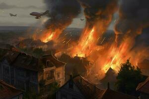 Airstrike assault burning city houses. Generate ai photo