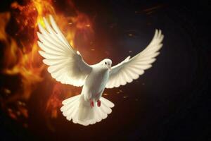 Flying white dove with fire marks on wings. Generate ai photo