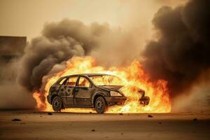 Burning car in dark toxic smoke. Generate ai photo