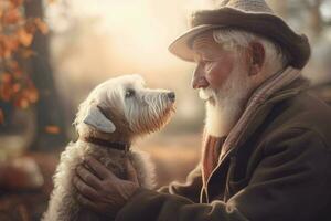antiguo hombre con su amado perrito perro. generar ai foto