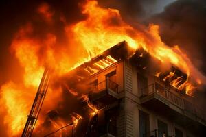 flameante edificio fuego de cerca. generar ai foto