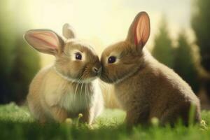 Cute bunnies playing together. Generate ai photo