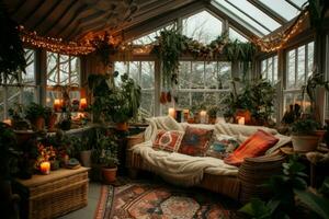 encantador boho invierno habitación carpa. generar ai foto