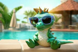 Playful Baby cute dinosaur in sunglasses. Generate Ai photo