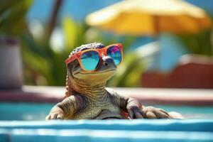 Charming Baby cute dinosaur in sunglasses. Generate Ai photo