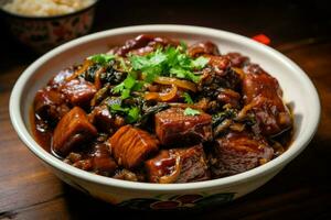 Spicy Chinese dish pork. Generate Ai photo