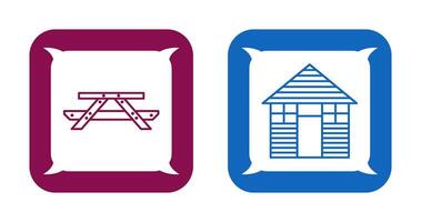 Picnic of Table and Wood Cabin Icon vector