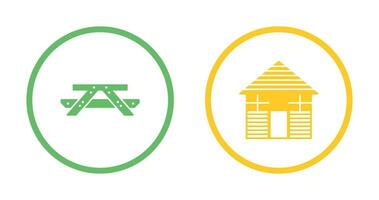 Picnic of Table and Wood Cabin Icon vector