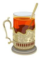 Glass of tea with spoon in cup holder. Vector isolated illustration