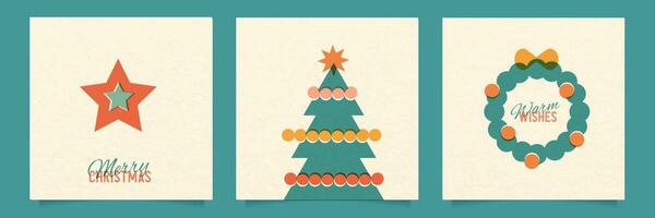 Christmas risograph style posters set with abstract geometric shapes - xmas tree, star, fir wreath. Bauhaus retro pictures. Vector illustrator.