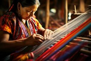 Heritage Craft. Indigenous elderly woman weaving intricate patterns on traditional looms. Colorful threads, patterns coming to life, focused artistry. Skilled craftsmanship,  Weaver AI generated photo