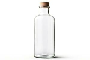 Transparent clean empty Glass bottle with wooden cork isolated on white background. Mockup, template for design. Copy space. Empty Bottle for drink, juice, lemonade, milk,  water, soda. AI generated photo