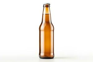 Clean glass beer bottle with beer closed with a cap. Isolated on white background. Glass bottle with lemonade or any other yellow-brown drink. Template, mockup for design. AI generated photo