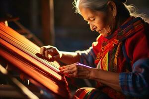 Heritage Craft. Indigenous elderly woman weaving intricate patterns on traditional looms. Colorful threads, patterns coming to life, focused artistry. Skilled craftsmanship, tradition, AI generated photo