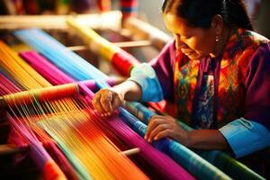 Traditional craft. Indigenous elderly woman weaving intricate patterns on traditional looms. Colorful threads, patterns coming to life, focused artistry. Skilled craftsmanship AI generated photo
