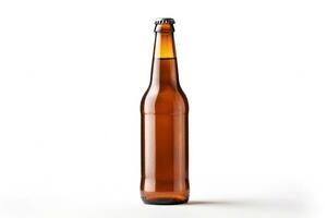 Clean glass beer bottle with beer. Isolated on white background. Glass bottle with lemonade or any other yellow-brown drink. Template, mockup for design. With copy space AI generated photo
