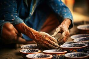 Local artisans crafting intricate traditional ceramics. Pottery wheel, hand-painted, rural workshop. Artistic, craftsmanship, cultural heritage. Close up. Heritage Craft,  AI generated photo