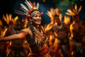 bailando nativo americano indio mujer en tradicional traje, joyas, tocado con plumas. indígena tribal danza a cultural festival. vibrante atuendo, rítmico tambores, ai generado foto