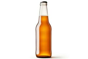Clean glass transparent beer bottle with beer closed with cap. Isolated on white background. Glass bottle with lemonade or any other yellow-brown drink. Template, mockup for design.  AI generated photo