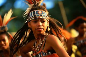 joven mujer, nativo americano indio niña en tradicional traje, joyería y tocado con plumas, bailes indígena tribal danza a cultural festival. bailando personas ai generado foto