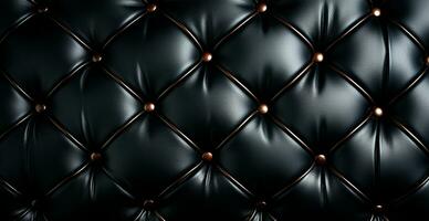 Stylish soft black leather sofa upholstery. Black material is decorated with leather buttons - AI generated image photo