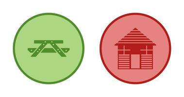 Picnic of Table and Wood Cabin Icon vector