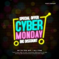 Square Cyber Monday Sale banner with neon-style text with a shopping cart photo