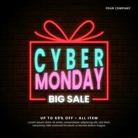 Square Cyber Monday Sale banner with neon-style text on brick wall photo