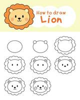 cómo a dibujar linda león dibujos animados para aprendiendo, niño, colorante libro, ilustración vector