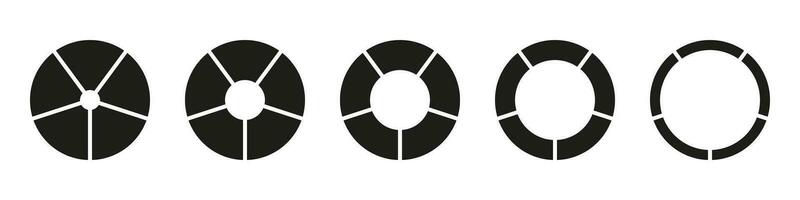 ruedas redondo dividido en cinco secciones. diagramas infografía colocar. circulo sección gráficos tarta gráfico icono. rosquilla cartas o pasteles segmentario en 5 5 igual partes. geométrico elementos. vector sencillo ilustración.