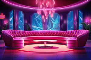 Interior of the night club with a purple sofa and a round table, Interior of a night club with bright lights. Night club. A decorated night club with stylish couches and colorful, AI Generated photo