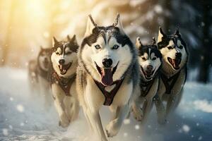 Siberian husky dogs running in the snow. Husky sled dog racing, Husky sled dog racing. Winter competition. Siberian husky dogs pull sled with musher, AI Generated photo