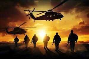 Silhouettes of soldiers and military helicopters at sunset. 3D rendering, Infantry soldiers and helicopters on a sunset background, anonymous faces, AI Generated photo