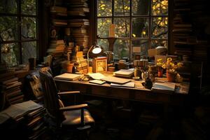 Old books on the table in the library at night. Selective focus, Immerse yourself in a writer's haven, with a desk adorned with books, a diary, AI Generated photo