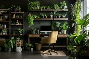 Interior of modern office with green plants and furniture. Design concept, Interior of a modern computer room. 3D rendering. toned image, AI Generated photo