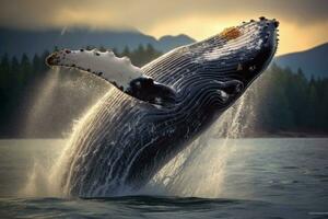 jorobado ballena en el Pacífico océano, Alaska, EE.UU, jorobado ballena saltos fuera de el agua. hermosa saltar, ai generado foto