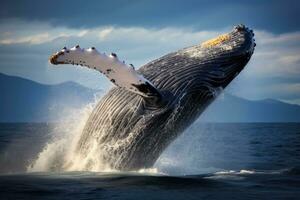 jorobado ballena en el Pacífico océano, Alaska, EE.UU, jorobado ballena saltos fuera de el agua. hermosa saltar, ai generado foto