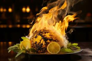 Flaming lemon on a black plate with a burning lemon and mint, Ignite your taste buds with a flaming lemon-infused culinary masterpiece, showcasing the dynamic, AI Generated photo