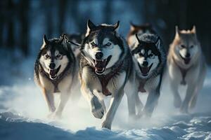 Siberian husky dogs running in the winter forest. Beautiful Siberian husky dogs, Husky sled dog racing. Winter competition. Siberian husky dogs pull sled with musher, AI Generated photo