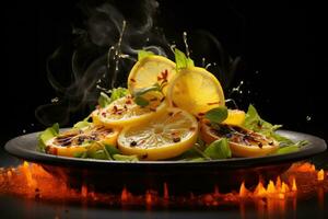 salad with lemon and basil on a black background with fire flames, Ignite your taste buds with a flaming lemon-infused culinary masterpiece, showcasing the dynamic interplay, AI Generated photo