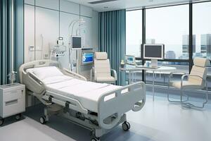 Interior of a modern hospital room. 3d rendering mock up, Interior of a modern hospital room with medical equipment. 3d rendering, AI Generated photo