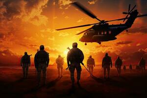 siluetas de soldados con un helicóptero en el antecedentes de atardecer, infantería soldados y helicópteros en un puesta de sol fondo, anónimo caras, ai generado foto