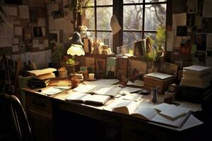 Working space in the office with books, lamp and other things, Immerse yourself in a writer's haven, with a desk adorned with books, a diary, and sticky notes, AI Generated photo