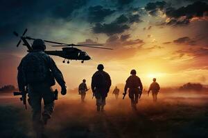 militar soldados con helicóptero en el campo a puesta de sol. militar concepto, infantería soldados y helicópteros en un puesta de sol fondo, anónimo caras, ai generado foto